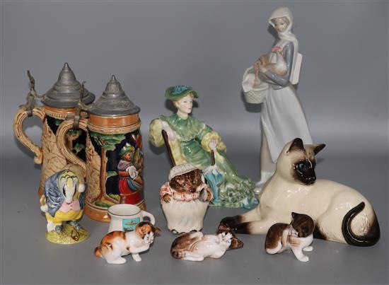 Four Royal Doulton cats, a Doulton figure of Ascot, a Lladro figure and two Beatrix Potter figures